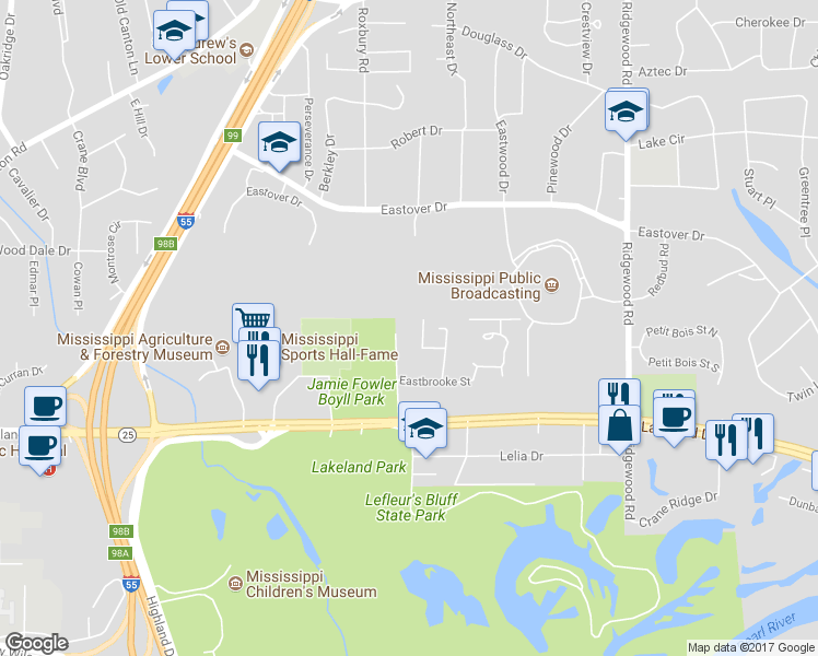 map of restaurants, bars, coffee shops, grocery stores, and more near 3684 Lakeland Lane in Jackson