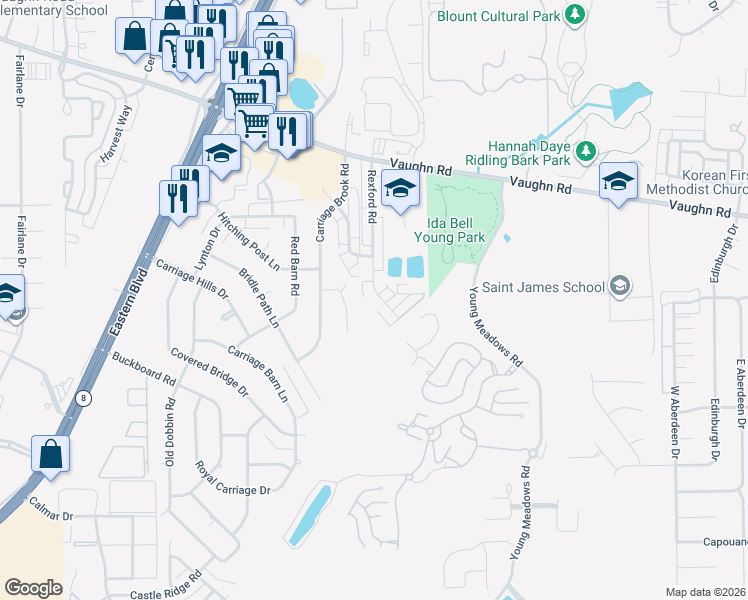 map of restaurants, bars, coffee shops, grocery stores, and more near 2144 Rexford Road in Montgomery