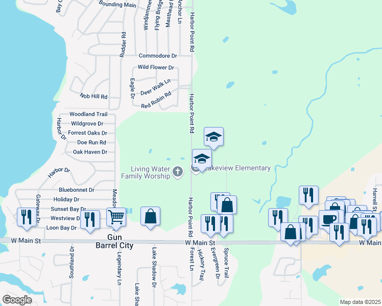 map of restaurants, bars, coffee shops, grocery stores, and more near 358 Harbor Point Road in Gun Barrel City