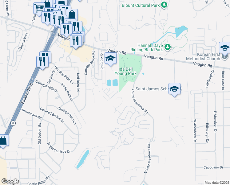 map of restaurants, bars, coffee shops, grocery stores, and more near 5322 Rexford Court in Montgomery