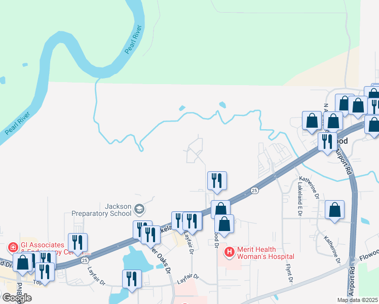 map of restaurants, bars, coffee shops, grocery stores, and more near 1227 Pin Oak Drive in Flowood