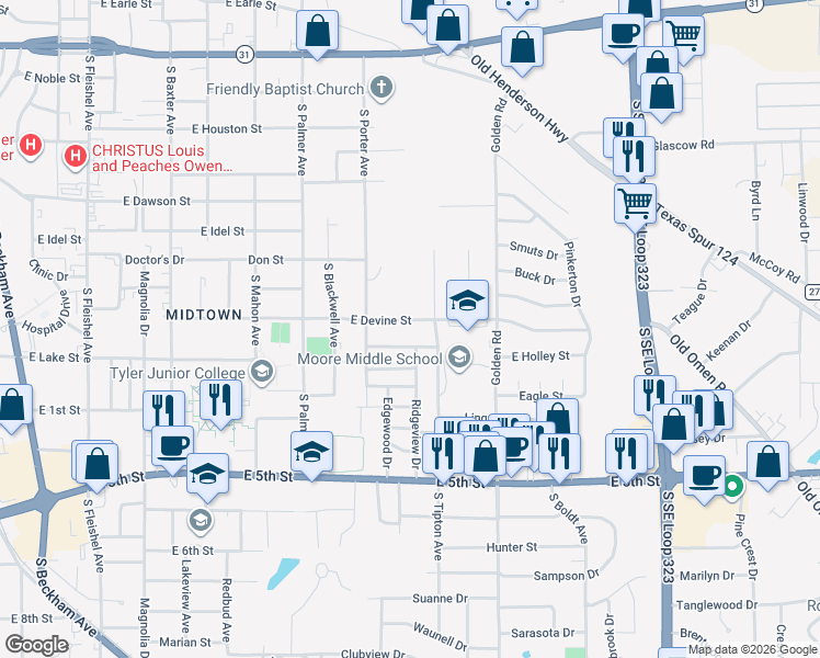 map of restaurants, bars, coffee shops, grocery stores, and more near 1015 South Tipton Avenue in Tyler