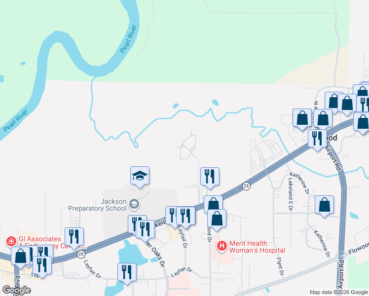 map of restaurants, bars, coffee shops, grocery stores, and more near 1227 Pin Oak Drive in Flowood