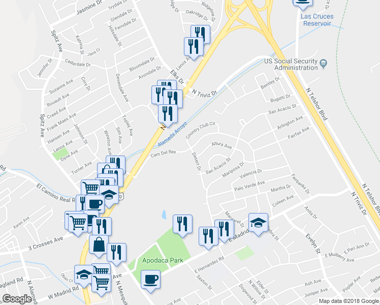 map of restaurants, bars, coffee shops, grocery stores, and more near 2655 Desert Drive in Las Cruces