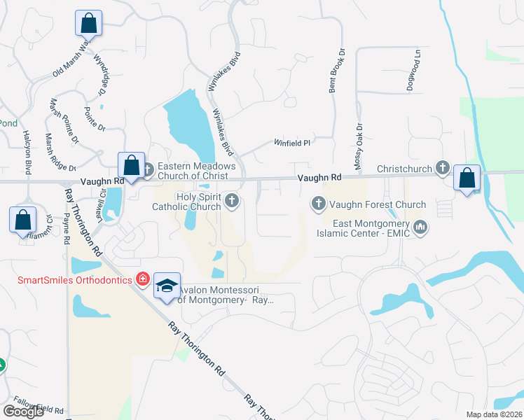 map of restaurants, bars, coffee shops, grocery stores, and more near 8552 Huntingdon Ridge Lane in Montgomery