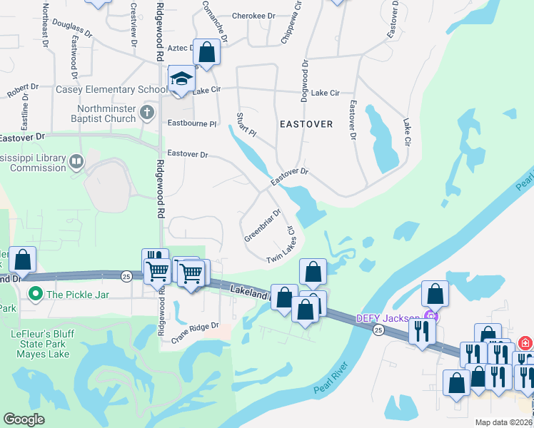 map of restaurants, bars, coffee shops, grocery stores, and more near 2259 Greenbriar Drive in Jackson