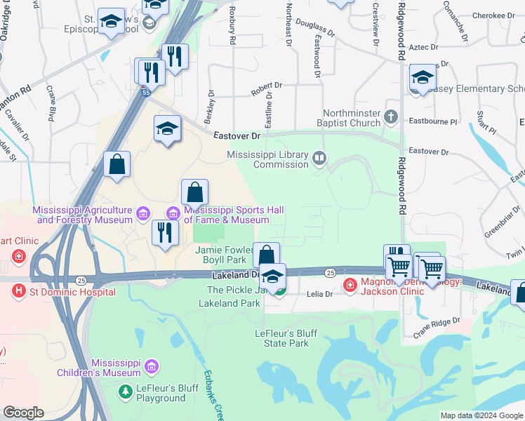 map of restaurants, bars, coffee shops, grocery stores, and more near 3684 Lakeland Lane in Jackson