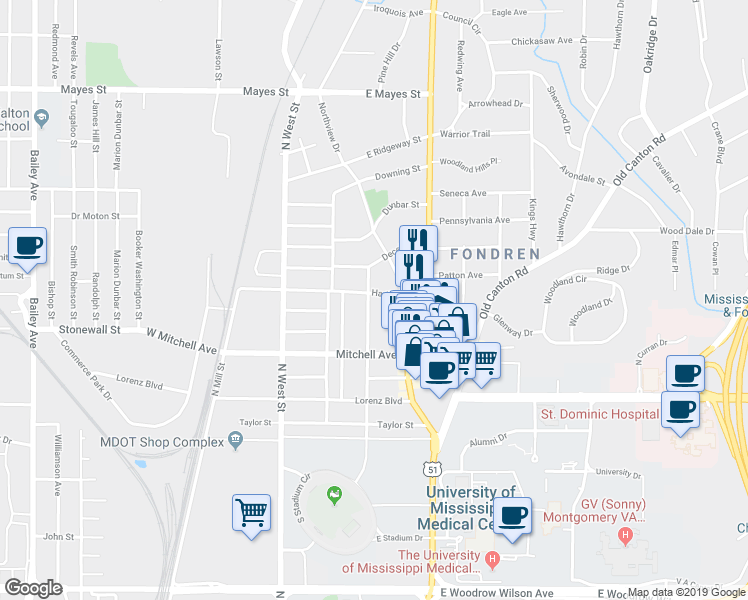 map of restaurants, bars, coffee shops, grocery stores, and more near 3057 Oxford Avenue in Jackson