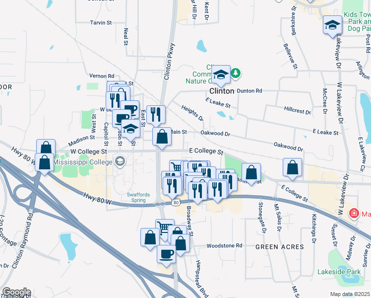 map of restaurants, bars, coffee shops, grocery stores, and more near 310 East College Street in Clinton