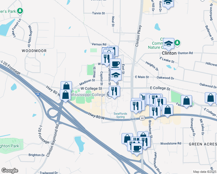 map of restaurants, bars, coffee shops, grocery stores, and more near in Clinton
