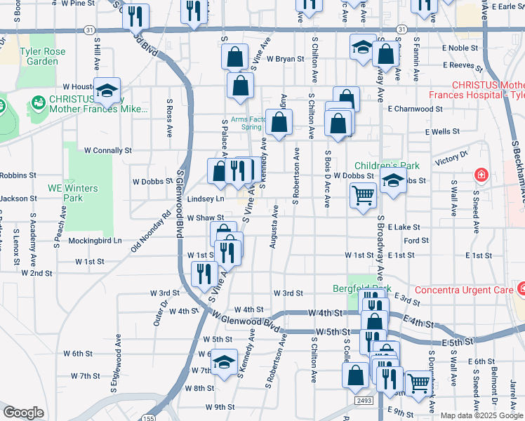 map of restaurants, bars, coffee shops, grocery stores, and more near 717-799 West Shaw Street in Tyler