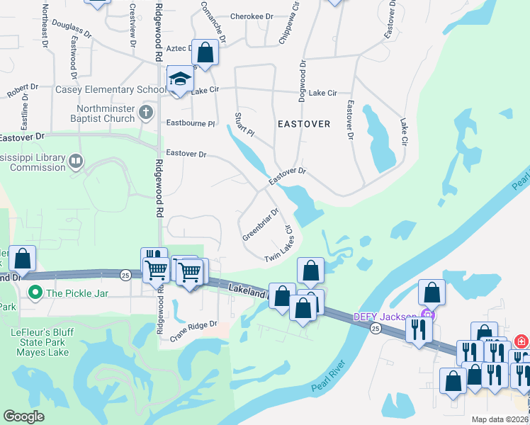 map of restaurants, bars, coffee shops, grocery stores, and more near 2259 Greenbriar Drive in Jackson