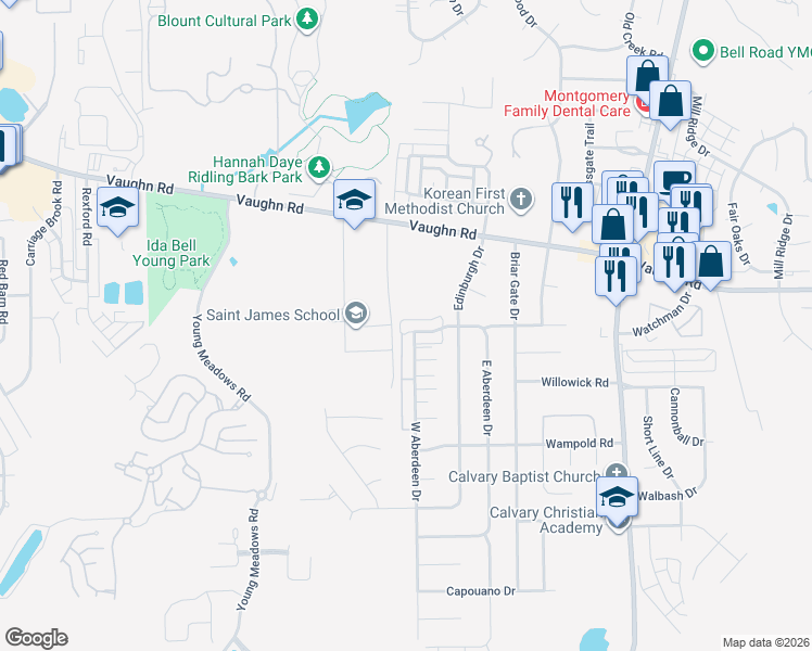 map of restaurants, bars, coffee shops, grocery stores, and more near 6605 East Aberdeen Drive in Montgomery
