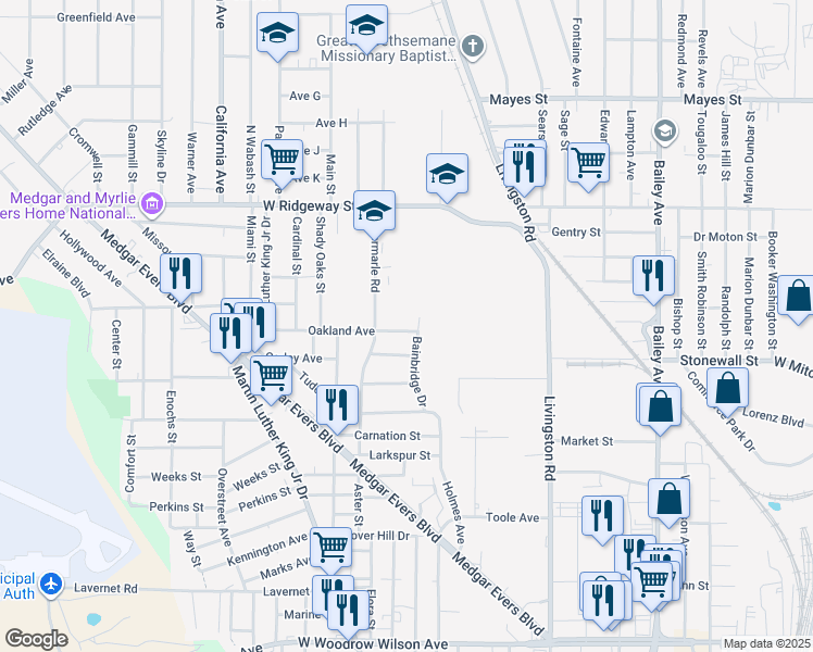 map of restaurants, bars, coffee shops, grocery stores, and more near 1635 Oakland Avenue in Jackson