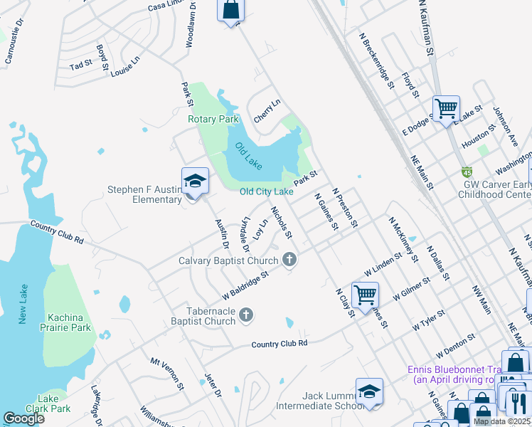 map of restaurants, bars, coffee shops, grocery stores, and more near 803 Loy Lane in Ennis