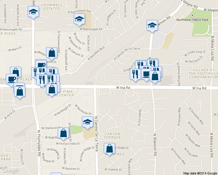 map of restaurants, bars, coffee shops, grocery stores, and more near 3275 West Ina Road in Tucson