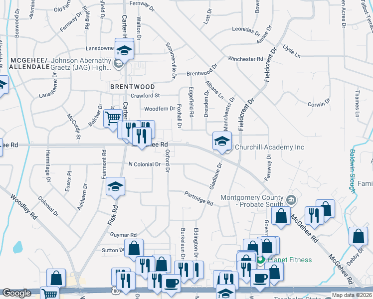 map of restaurants, bars, coffee shops, grocery stores, and more near 3188 McGehee Road in Montgomery