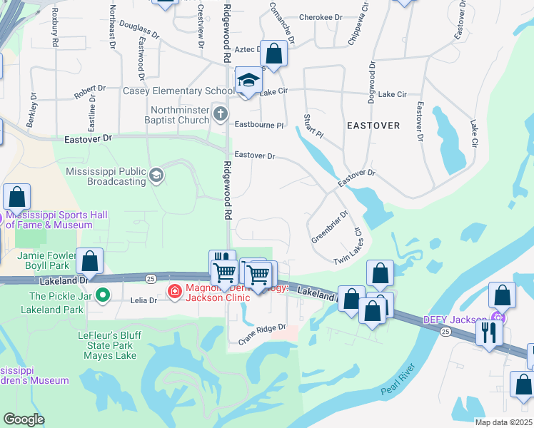 map of restaurants, bars, coffee shops, grocery stores, and more near 1942 Petit Bois Street North in Jackson
