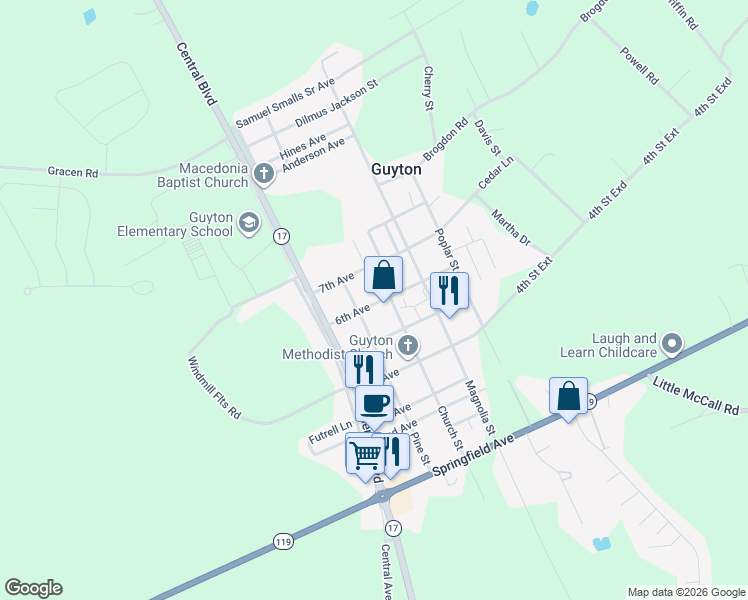 map of restaurants, bars, coffee shops, grocery stores, and more near 507 Church Street in Guyton