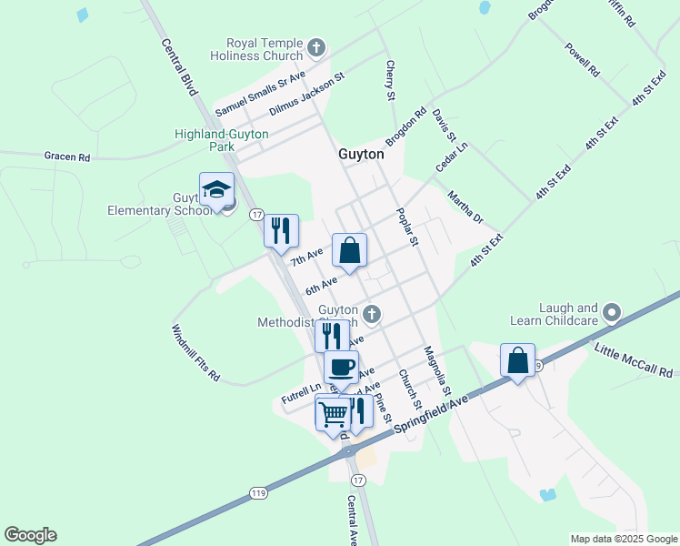 map of restaurants, bars, coffee shops, grocery stores, and more near 507 Church Street in Guyton