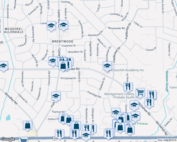 map of restaurants, bars, coffee shops, grocery stores, and more near 3188 McGehee Road in Montgomery