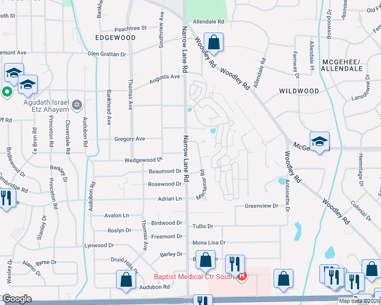 map of restaurants, bars, coffee shops, grocery stores, and more near 3774 Maclamar Road in Montgomery
