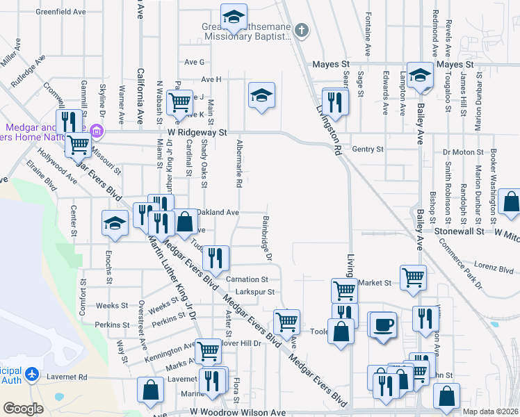 map of restaurants, bars, coffee shops, grocery stores, and more near 1635 Oakland Avenue in Jackson