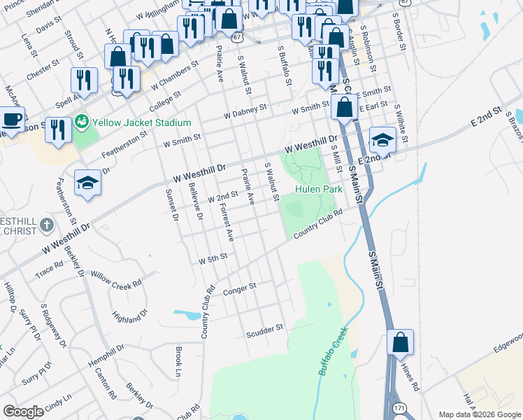 map of restaurants, bars, coffee shops, grocery stores, and more near 902 Prairie Avenue in Cleburne