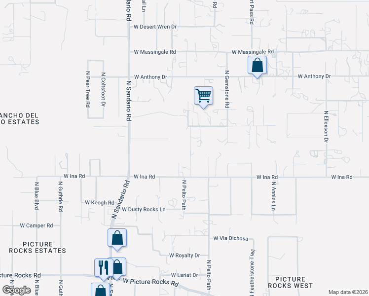 map of restaurants, bars, coffee shops, grocery stores, and more near 7255 North Aloe Green Drive in Tucson