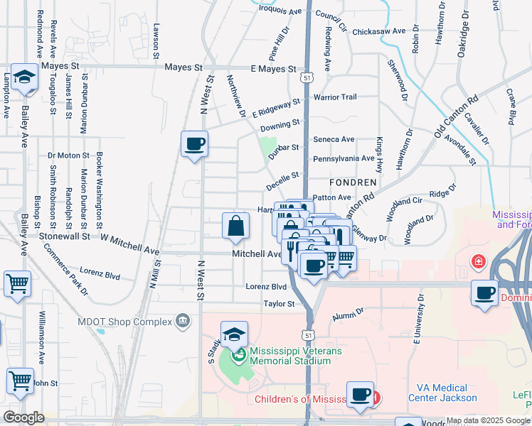 map of restaurants, bars, coffee shops, grocery stores, and more near 3070 Oxford Avenue in Jackson