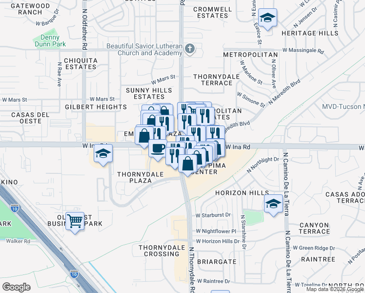 map of restaurants, bars, coffee shops, grocery stores, and more near 7198 North Thornydale Road in Tucson