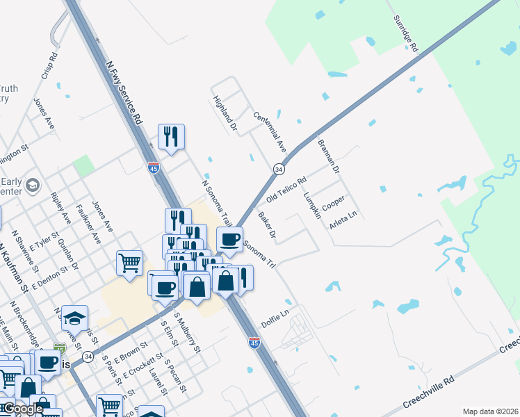 map of restaurants, bars, coffee shops, grocery stores, and more near 104 Baker Drive in Ennis
