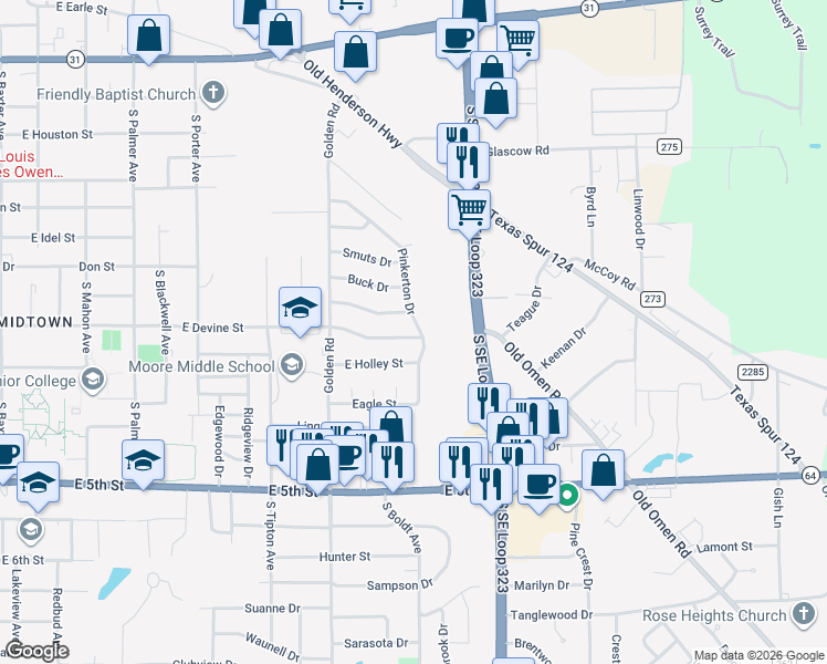 map of restaurants, bars, coffee shops, grocery stores, and more near 2443 East Devine Street in Tyler
