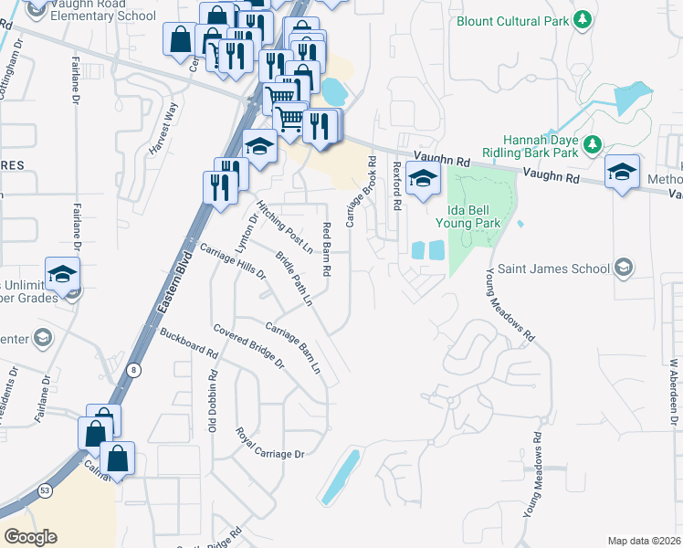 map of restaurants, bars, coffee shops, grocery stores, and more near 5740 Carriage Brook Road in Montgomery