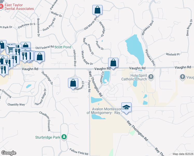 map of restaurants, bars, coffee shops, grocery stores, and more near 115 Ray Thorington Road in Montgomery