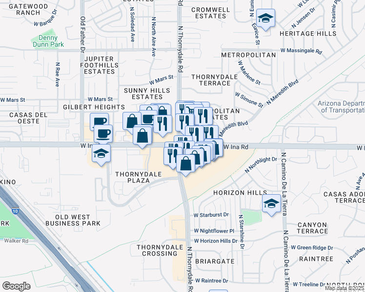 map of restaurants, bars, coffee shops, grocery stores, and more near 7164 North Thornydale Road in Tucson
