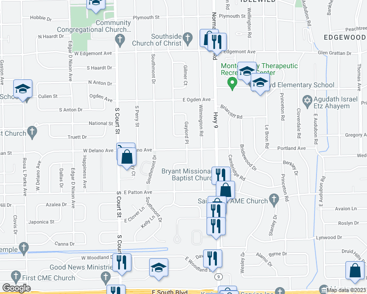 map of restaurants, bars, coffee shops, grocery stores, and more near 3598 Gaylord Place in Montgomery