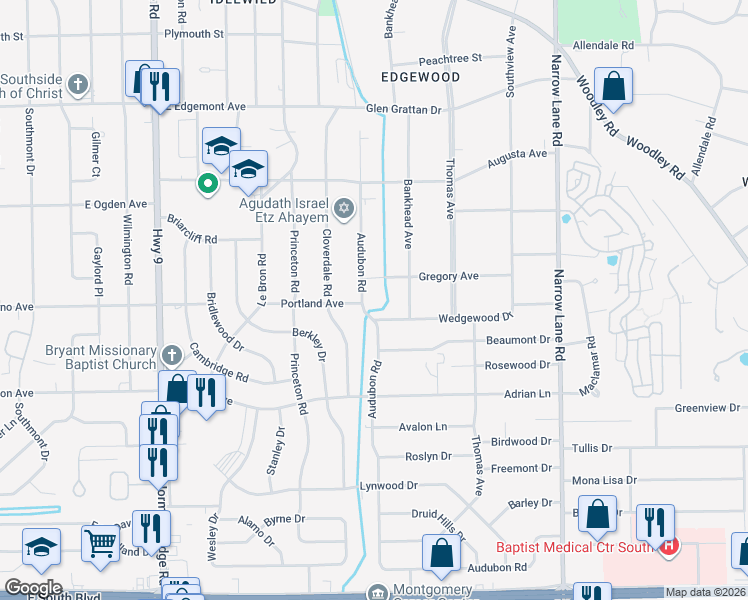 map of restaurants, bars, coffee shops, grocery stores, and more near 3627 East Audubon Road in Montgomery