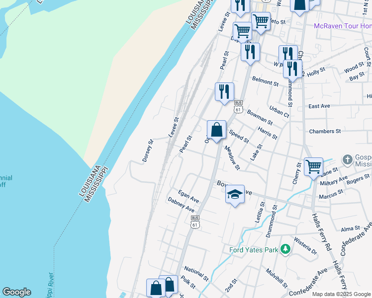 map of restaurants, bars, coffee shops, grocery stores, and more near Fairground Street in Vicksburg