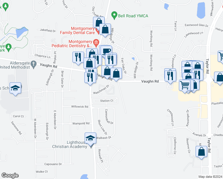 map of restaurants, bars, coffee shops, grocery stores, and more near 7034 Watchman Circle in Montgomery