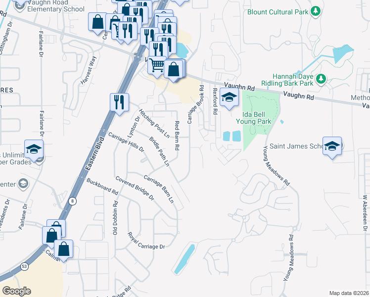 map of restaurants, bars, coffee shops, grocery stores, and more near 5740 Carriage Brook Road in Montgomery
