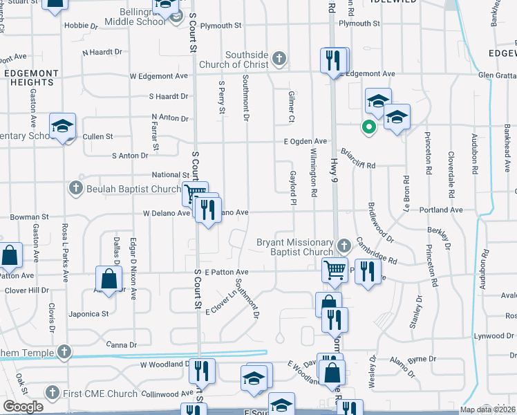 map of restaurants, bars, coffee shops, grocery stores, and more near 218 East Delano Avenue in Montgomery