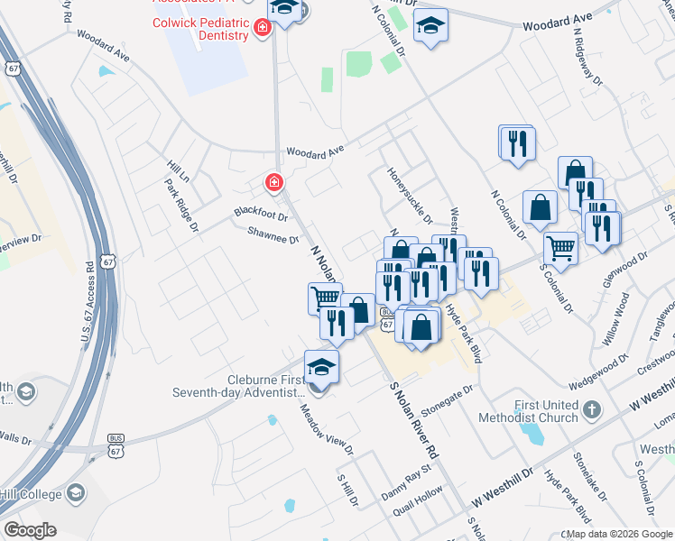 map of restaurants, bars, coffee shops, grocery stores, and more near 112 North Nolan River Road in Cleburne