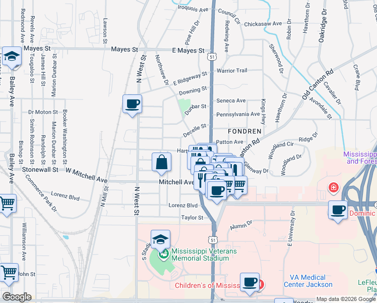 map of restaurants, bars, coffee shops, grocery stores, and more near 541 Hartfield St in Jackson