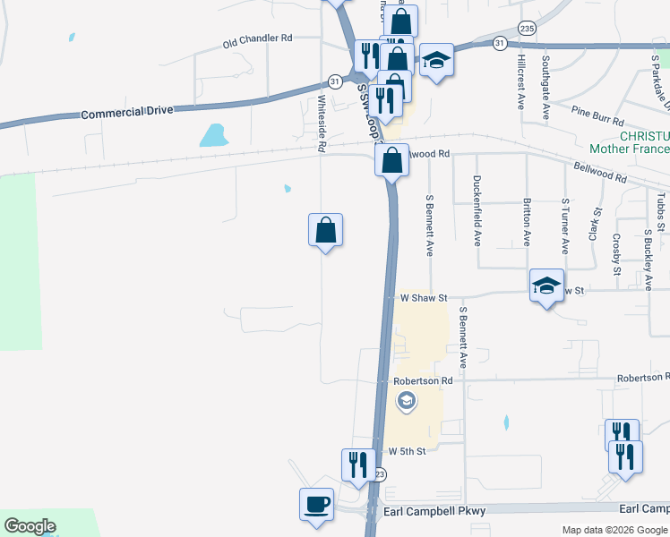 map of restaurants, bars, coffee shops, grocery stores, and more near 1000 Whiteside Road in Tyler