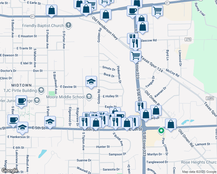 map of restaurants, bars, coffee shops, grocery stores, and more near 2407 East Devine Street in Tyler