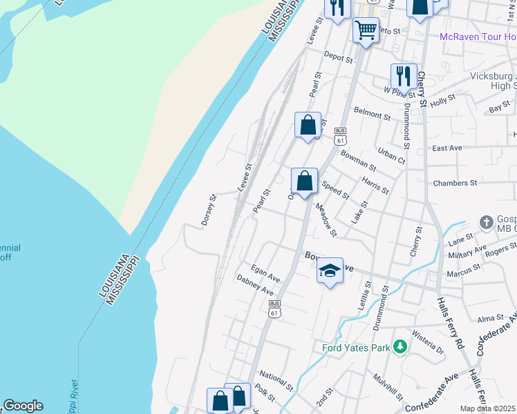 map of restaurants, bars, coffee shops, grocery stores, and more near Fairground Street in Vicksburg