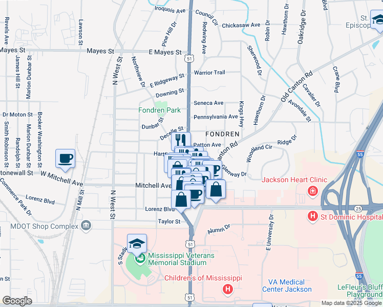 map of restaurants, bars, coffee shops, grocery stores, and more near 3300 N State St in Jackson