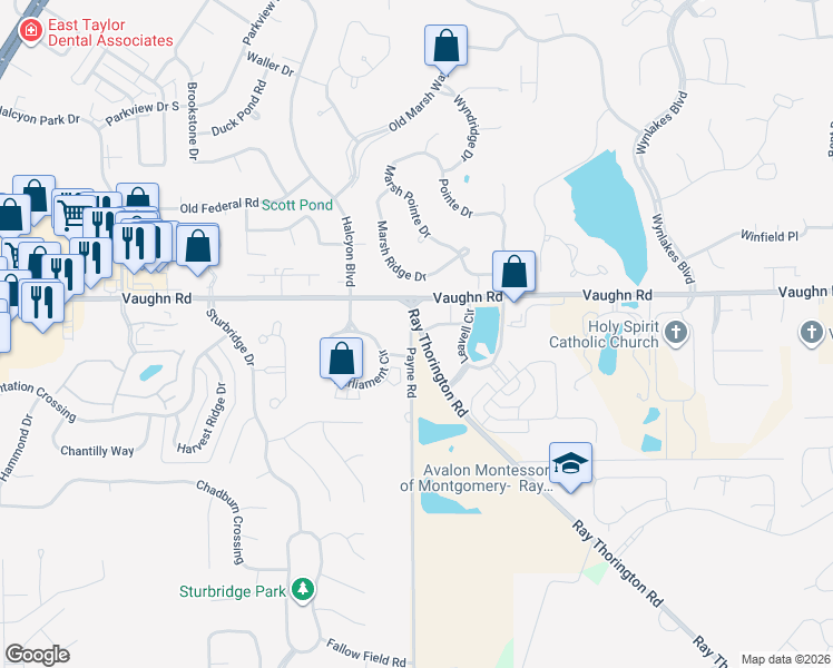map of restaurants, bars, coffee shops, grocery stores, and more near 115 Ray Thorington Road in Montgomery
