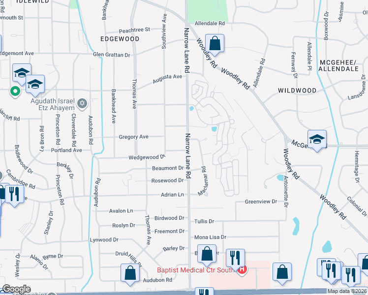 map of restaurants, bars, coffee shops, grocery stores, and more near 1452 Wedgewood Drive in Montgomery